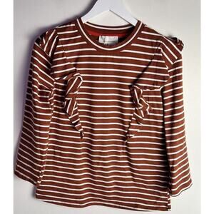 Anthropologie Erika Rust‎ Brown Stripe Ruffle Front 3/4 Sleeve Top Tee Size XS